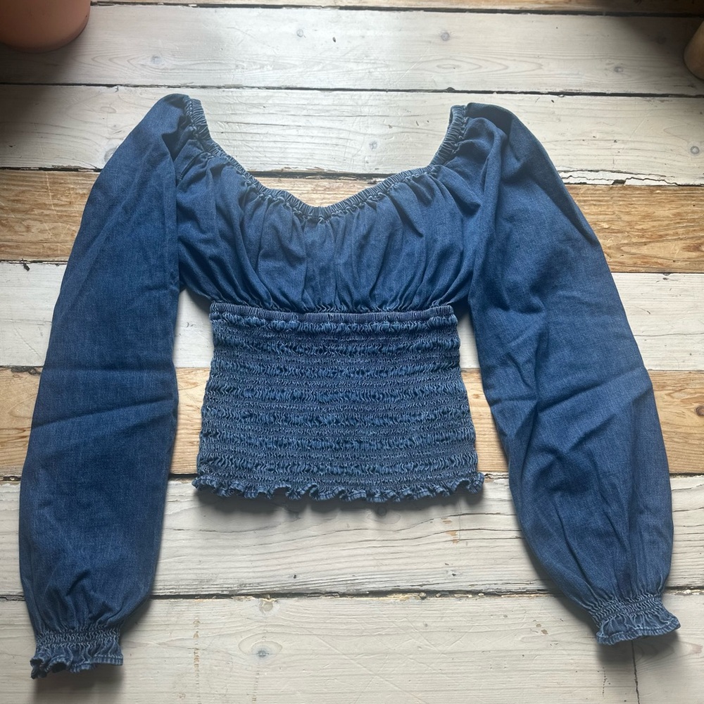 Smocked Denim GAP Off-Shoulder Long Sleeve Top - Blue cottagecore milkmaid